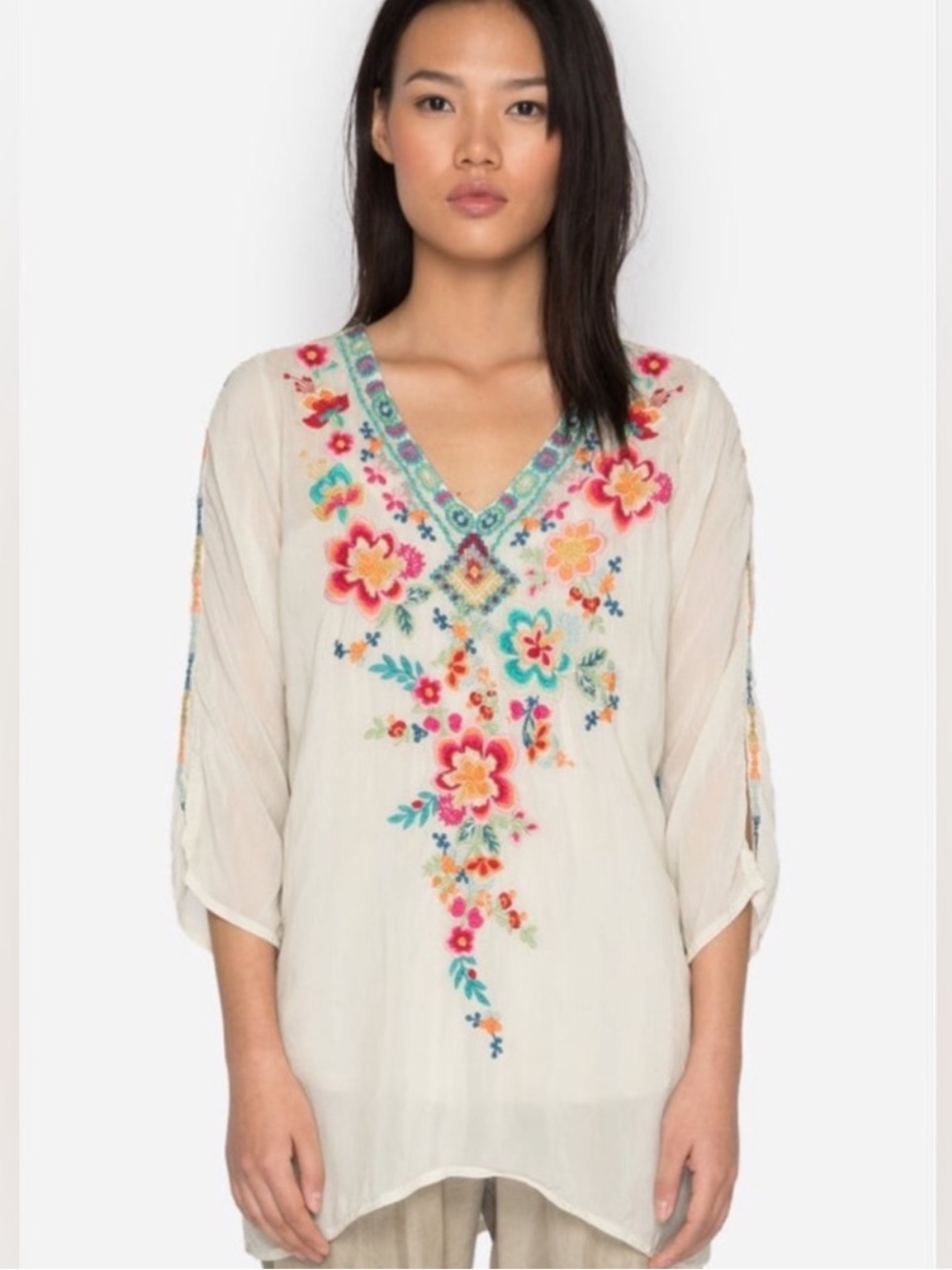 Johnny Was Roma Embroidered V Neck Boho Tunic Large